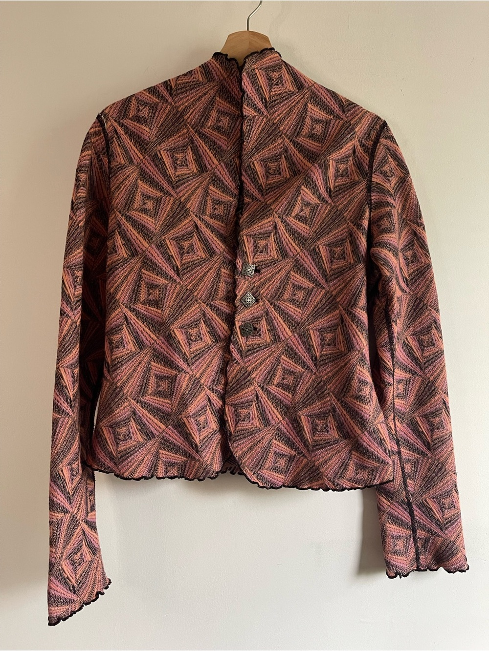 VTG Y2K Geometric Knit Jacket Cardigan Optical Diamond Print Size S Pink Black